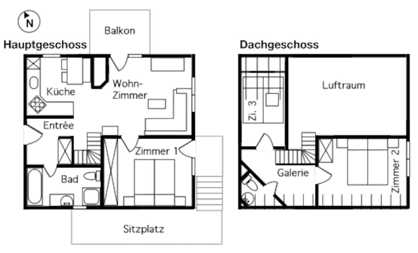 Grundriss der Maisonette-Wohnung: Hauptgeschoss mit Küche, Wohnzimmer, Schlafzimmer und Bad; Dachgeschoss mit zwei weiteren Zimmern und Galerie